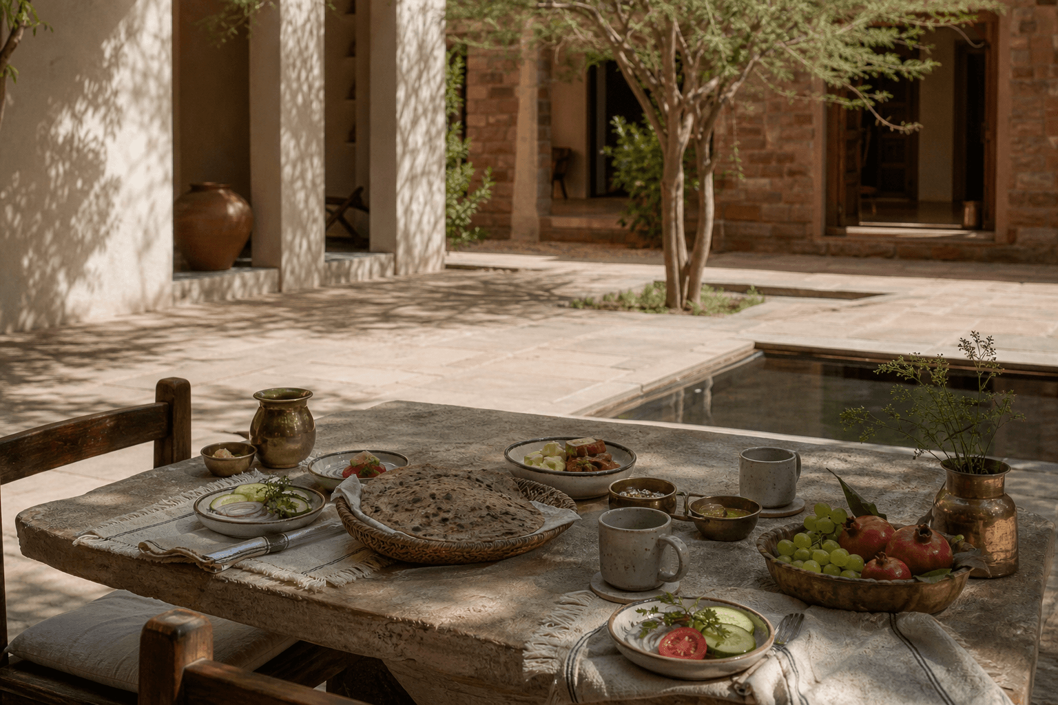 Breakfast arranged on a stone table in courtyard shade