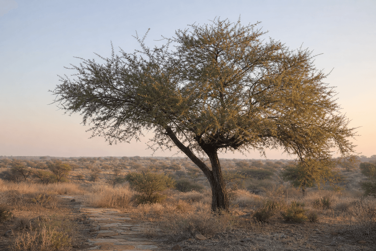 A mature khejri tree in desert scrub at first light