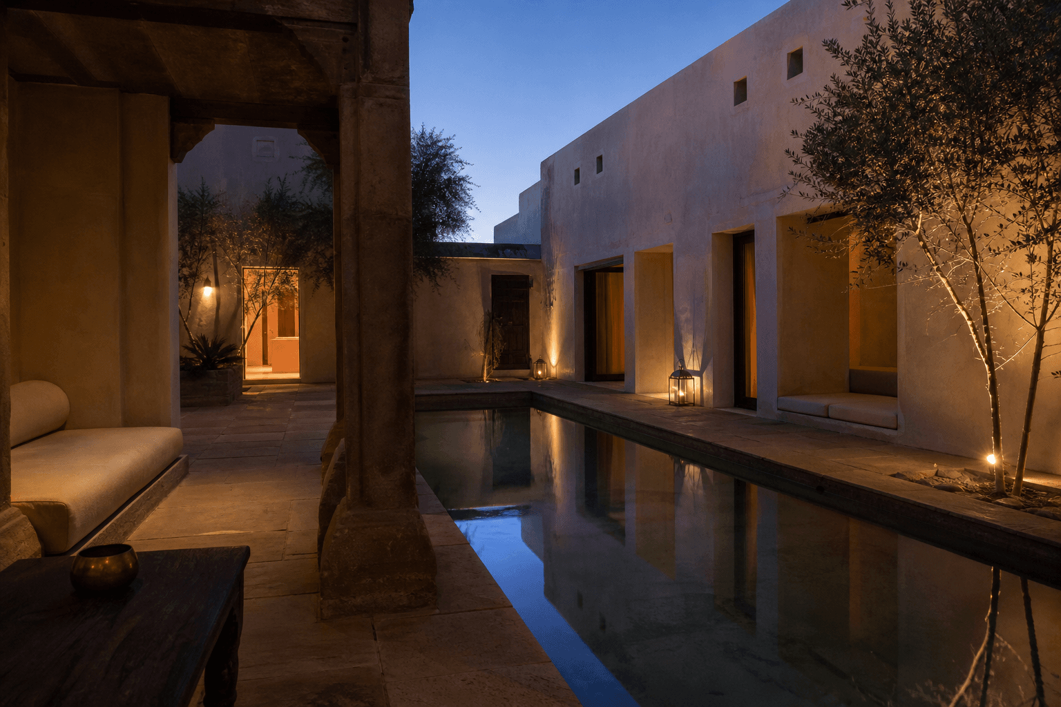 The long courtyard pool and shaded arcade at blue hour