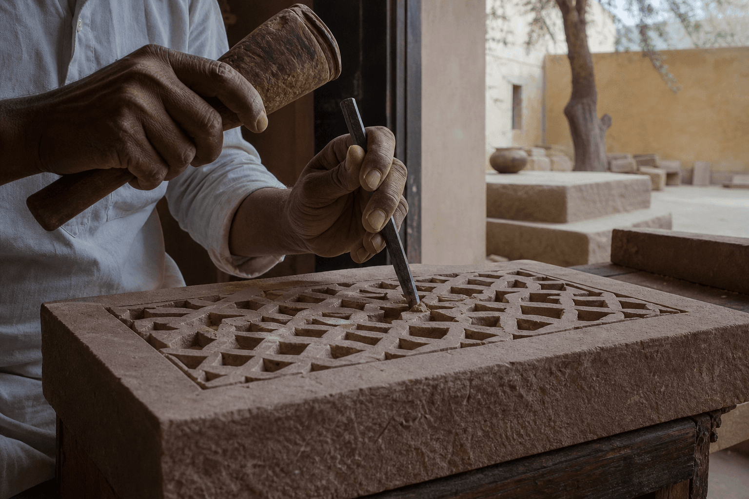 An artisan carving a sandstone ventilation panel by hand